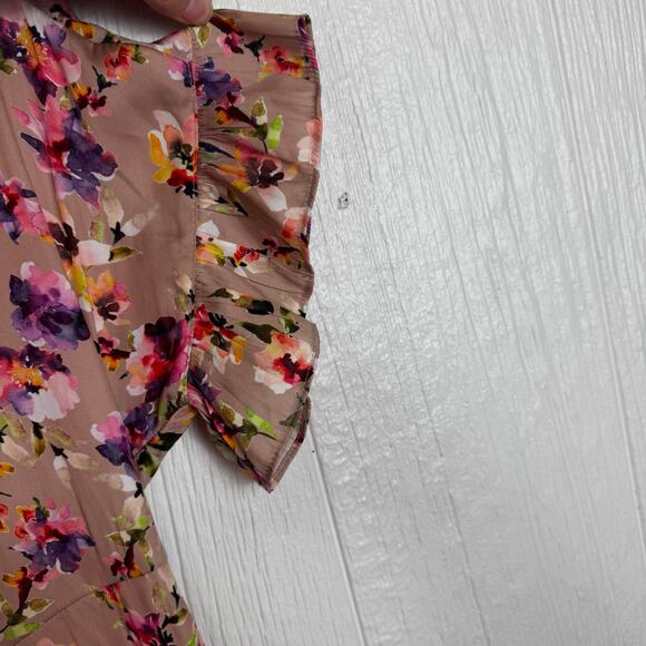 Dolan Anthropologie Tan Floral Mitzi Pleated Ruffle Short Sleeve Blouse Top XS - Picture 2 of 10